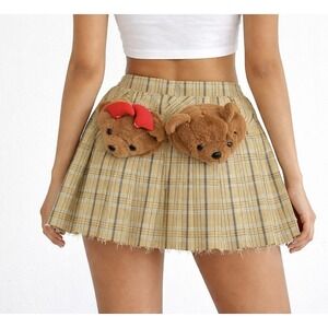 Y2k Harajuku Upcycled Teddy Bear Mini Skirt L Festival Plaid Kawaii Punk Grunge